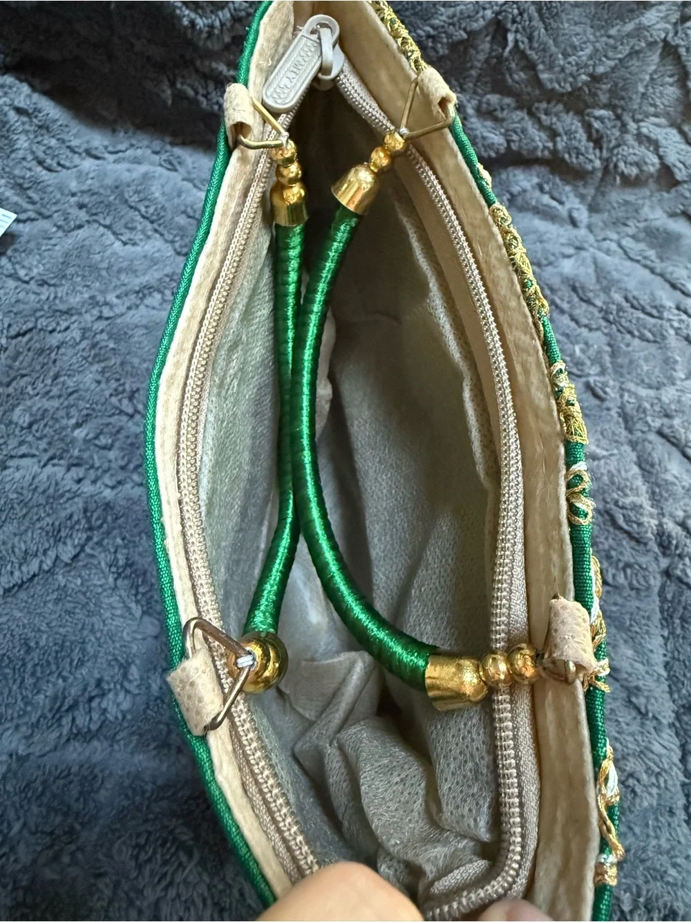 Green Embroidered Evening Bag with Gold Accents 7 x 9”